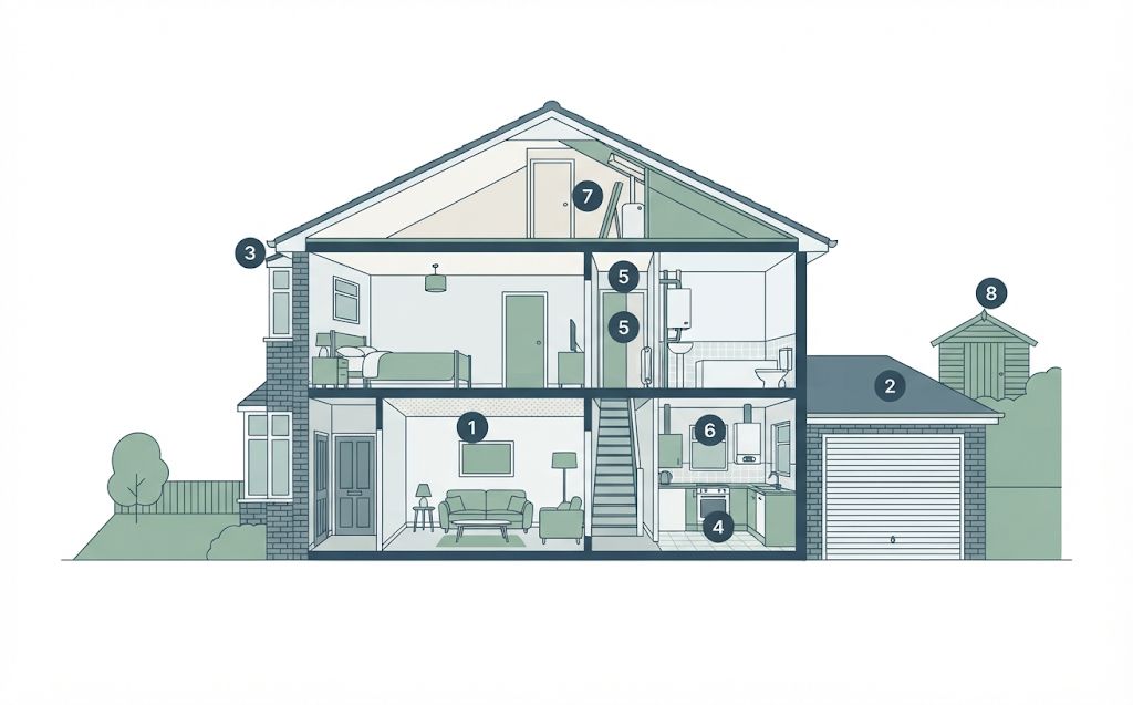 Illustration of a house and garage showing where asbestos can be found