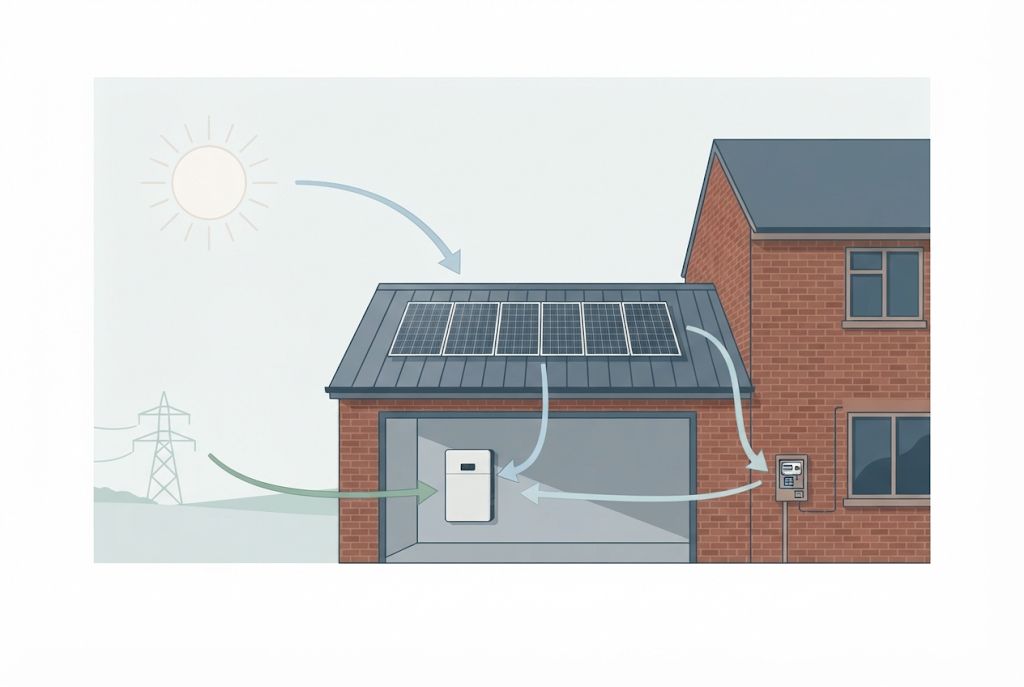 Illustration of solar panels on a garage roof feeding a house and a battery
